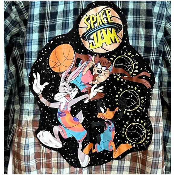 Space Jam Flannel Plaid Shirt 3XL Oversize One of Kind Blue Shacket Bugs Bunny - Picture 2 of 6